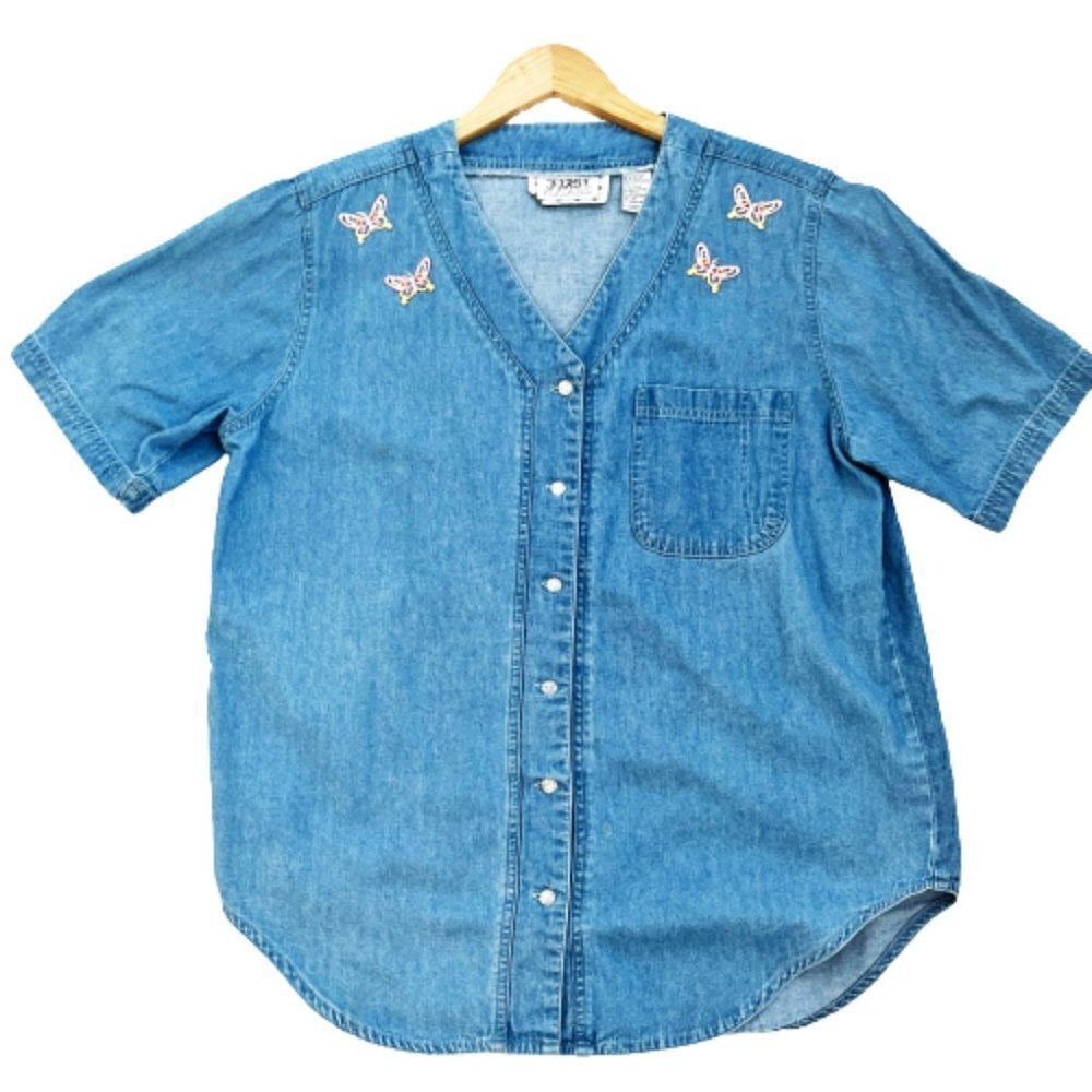 Vintage Y2K  Embroidered Butterfly Denim Shirt Size Medium